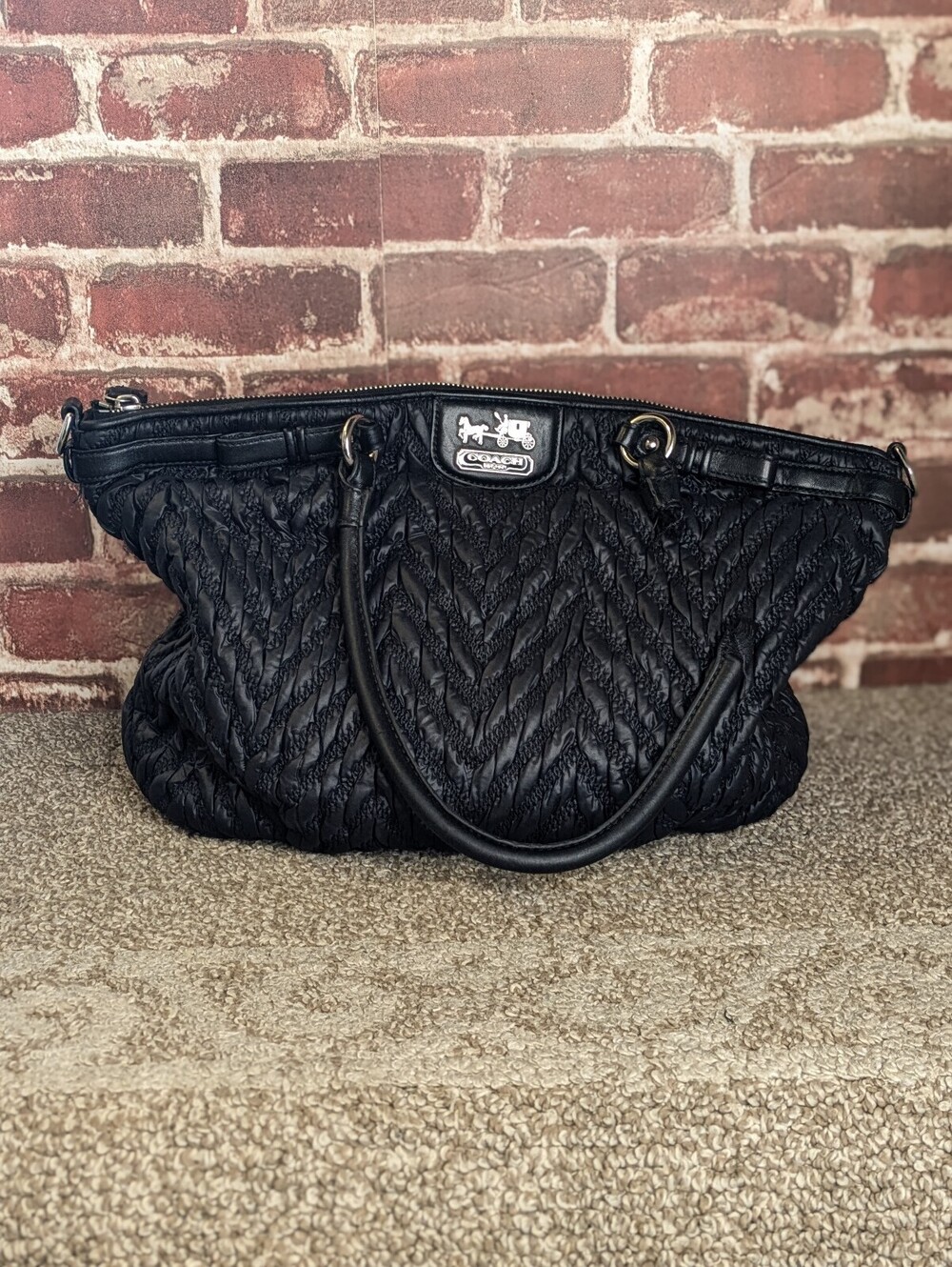 Coach Madison Lindsey 18634 Satchel Purse Black Quilted Chevron Nylon Leather